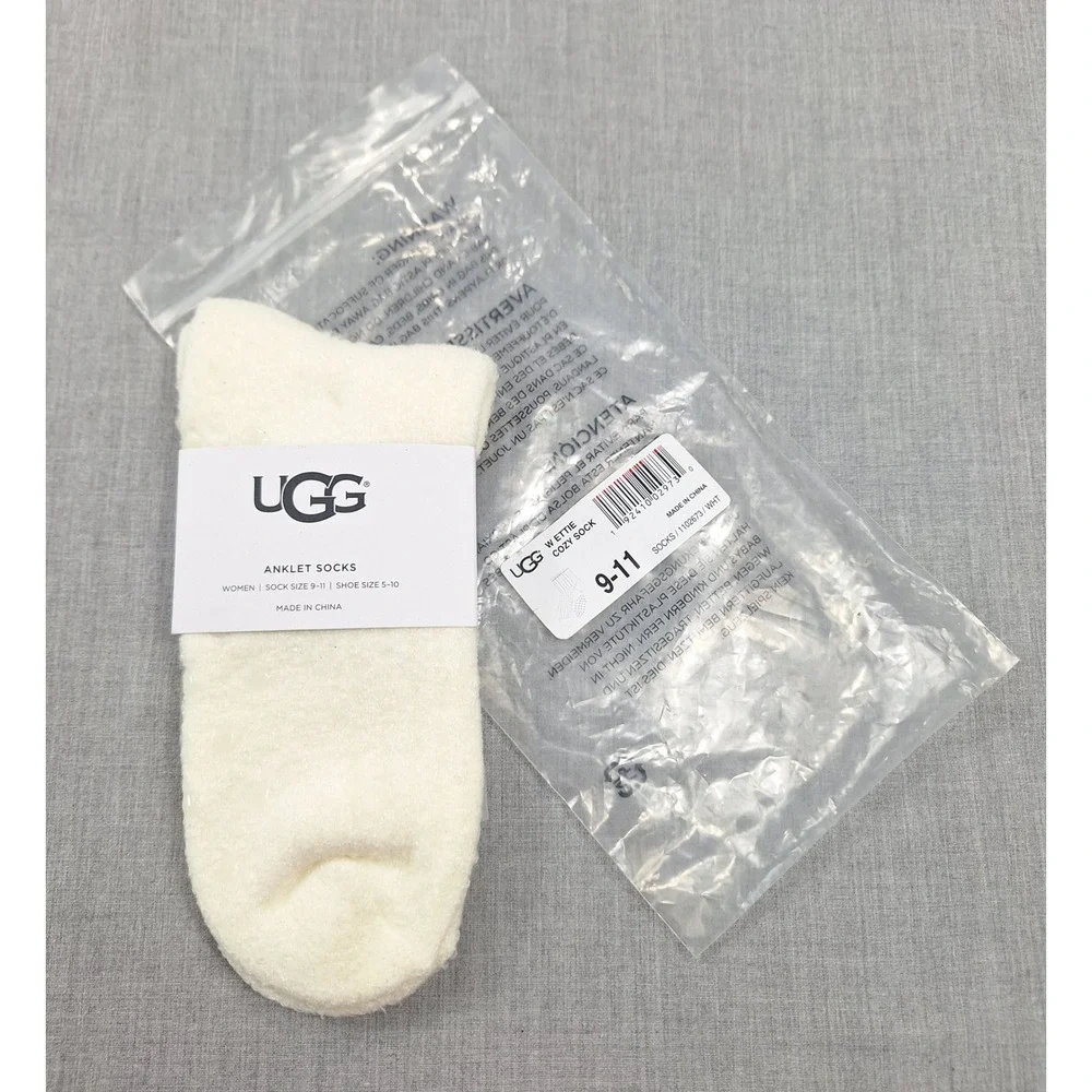 UGG Ettie Cozy Anklet Socks White Fuzzy Chenille Knit 1102673 Womens Size 9-11